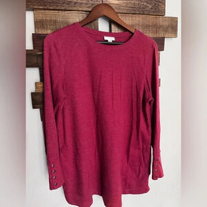 J Jill women’s med red waffle thermal top button sleeve pocket callout descrip